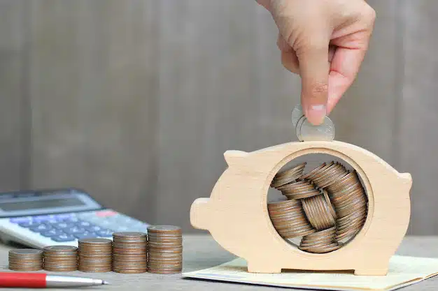Mano mujer poniendo moneda madera hucha 106094